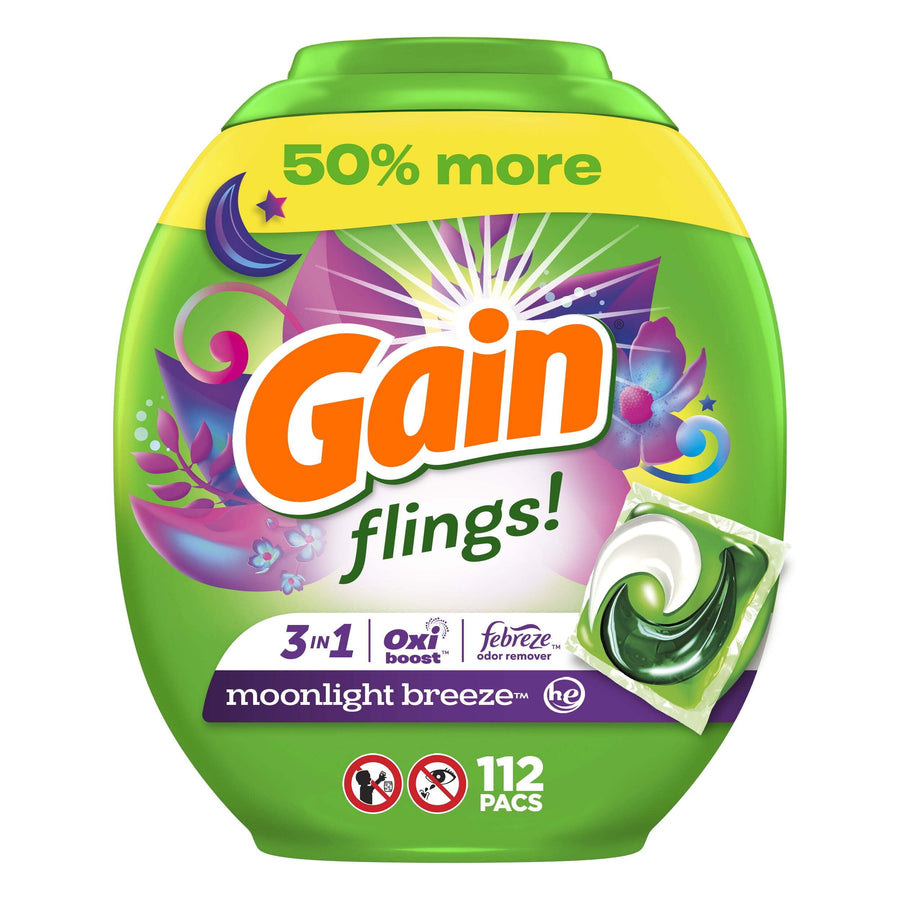 Front-facing green Gain Flings detergent tub with colorful floral graphics and a single pac image