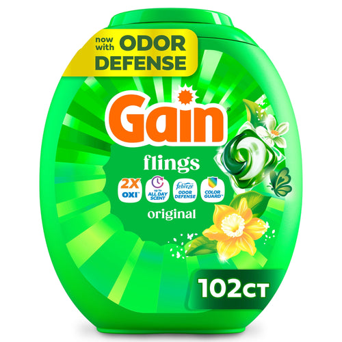 Green oval tub of Gain Flings detergent pacs with bright Gain logo, floral graphics and a 102ct label