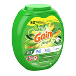 Angled studio photo of green Gain Flings tub showing label details, Febreze and Oxi Boost logos and single pac image
