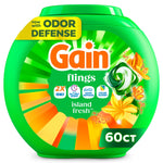 Green Gain Flings island fresh plastic tub with colorful sunburst label and 60ct badge