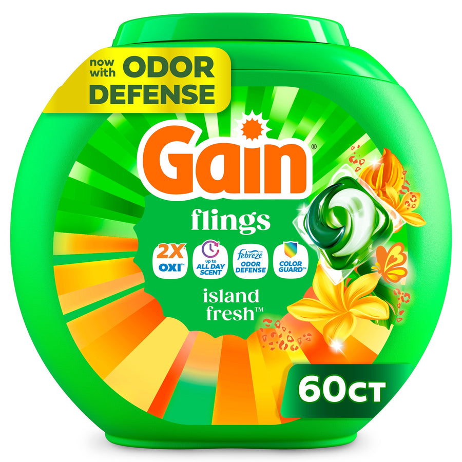 Green Gain Flings island fresh plastic tub with colorful sunburst label and 60ct badge