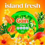 Vibrant island-fresh styled image of Gain Flings tub surrounded by tropical fruit and flowers