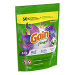 Angled view of a resealable green Gain flings! Moonlight Breeze pouch showing branding, floral art and single pod illustration