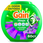 Green round tub of Gain Flings moonlight breeze laundry pacs with colorful label and 60ct callout