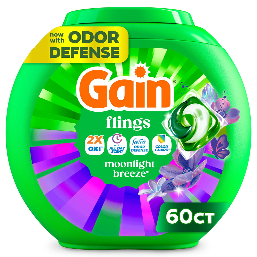 Green round tub of Gain Flings moonlight breeze laundry pacs with colorful label and 60ct callout