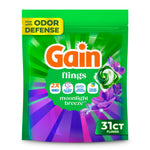 Green resealable pouch of Gain Flings Moonlight Breeze with logo, pods graphic and 31 ct badge