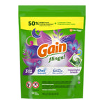 Straight-on product shot of a Gain flings! Moonlight Breeze green pouch with visible branding, icons and single pod image