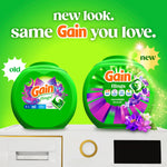 Side-by-side comparison graphic showing old and new Gain Flings tub packaging with green background