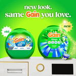 Packaging comparison graphic showing old and new Gain tubs with headline 'new look. same Gain you love.'