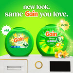 Promotional graphic showing old and new Gain Flings tubs side-by-side with slogan “new look. same Gain you love.”