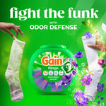 Advertising image of Gain Flings tub with tagline ‘fight the funk’ and hands holding a dirty and clean sock