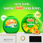 Promotional graphic showing old and new Gain Flings tubs with text 'new look. same Gain you love.'