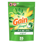 Front of green Gain Flings pouch with large Gain logo, leaf graphics and small pac illustration showing 35 pacs