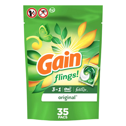 Front of green Gain Flings pouch with large Gain logo, leaf graphics and small pac illustration showing 35 pacs