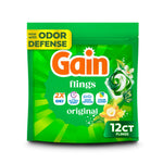Front-facing green pouch of Gain Flings original detergent showing brand logo, pod image and 12 ct badge