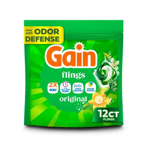 Front-facing green pouch of Gain Flings original detergent showing brand logo, pod image and 12 ct badge