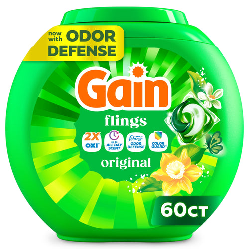 Green round tub of Gain Flings laundry pacs labeled 'original' with floral accents and 60ct callout