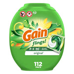 Green Gain Flings! plastic tub with Gain logo and image of a single green-and-white detergent pac on the label