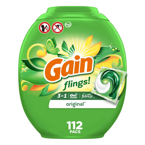 Green Gain Flings! plastic tub with Gain logo and image of a single green-and-white detergent pac on the label