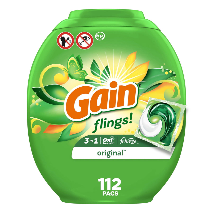 Green Gain Flings! plastic tub with Gain logo and image of a single green-and-white detergent pac on the label