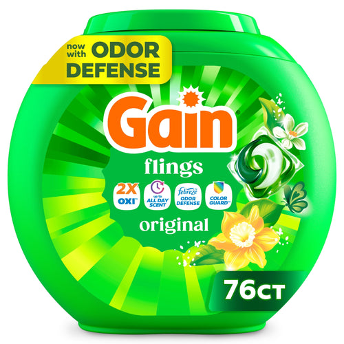 Green circular Gain Flings tub with bright radial label, logo, floral graphics and '76 ct' badge