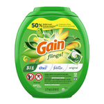 Gain Flings green oval tub showing product branding, 3-in-1 Oxi Boost and Febreze logos and a detergent pac image