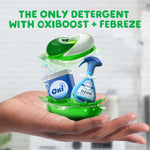 Graphic showing a Gain Flings detergent pac above Oxi and Febreze icons with headline “THE ONLY DETERGENT WITH OXIBOOST + FEBREZE”