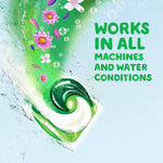Graphic close-up of a Gain Flings detergent pac with floral elements and text stating it works in all machines and water conditions
