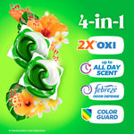 Close-up infographic of two green-and-white detergent pacs with '4-in-1' and feature badges