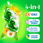 Close-up product graphic of two green-and-white Gain Flings detergent pods with flowers and 4-in-1 benefit icons
