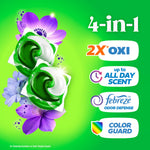 Close-up infographic of two green-and-white Gain flings pods with icons listing 4-in-1, 2X Oxi, Febreze odor defense and color guard