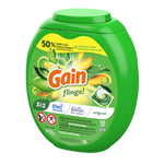 Three-quarter view of a green Gain Flings tub showing product label, safety icons and branding on a white background