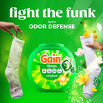Gain Flings tub centered with two socks and headline “fight the funk” highlighting odor defense messaging