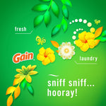 Green Gain-branded floral graphic with leaves and yellow flowers and the phrase “sniff sniff... hooray!”