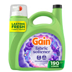 Green Gain fabric softener jug with purple floral label reading ‘fabric softener’ and a 190 loads badge