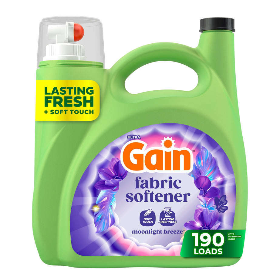 Green Gain fabric softener jug with purple floral label reading ‘fabric softener’ and a 190 loads badge