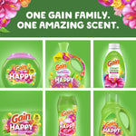 Promotional grid showing multiple Gain Happy Hibiscus Hula product SKUs under the slogan one Gain family, one amazing scent