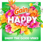 Bold Gain Happy floral logo artwork on green background with 'SNIFF THE GOOD VIBES' text