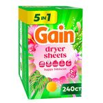 Gain Happy Hibiscus dryer sheets box front with bright floral artwork and visible 240CT label
