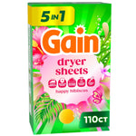 Bright product box of Gain dryer sheets in Happy Hibiscus design with pink floral graphics and 110ct label