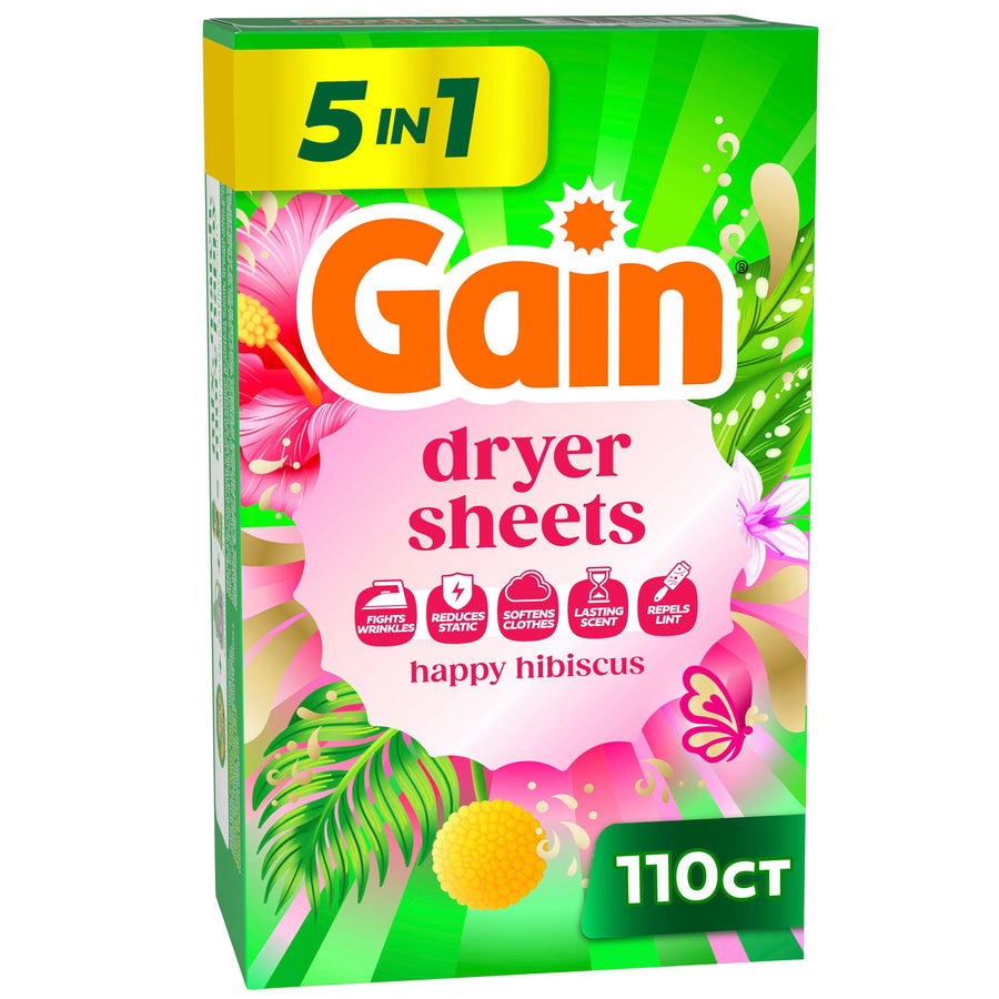 Bright product box of Gain dryer sheets in Happy Hibiscus design with pink floral graphics and 110ct label
