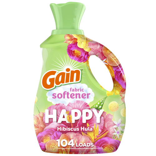 Gain Happy Hibiscus Hula fabric softener bottle with floral label and green cap on white background