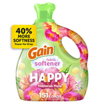 Front-facing Gain Happy Hibiscus Hula fabric softener bottle with floral artwork and '151 loads' badge on white background
