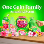 Product lineup graphic showing multiple Gain Happy Hibiscus family products arranged on a surface with floral accents