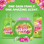 Three Gain Happy product packages on green background with floral border and text 'ONE GAIN FAMILY. ONE AMAZING SCENT.'
