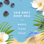 Blue lifestyle graphic reading ‘Gain Honey Berry Hula’ with berries, flowers and beach elements
