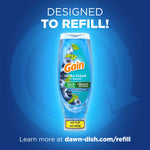 Blue Gain Ultra Clean EZ‑Squeeze bottle centered on blue background with text 'DESIGNED TO REFILL' and refill URL
