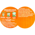 Orange circular ingredients and usage panel showing dosage icons and a list of chemical ingredients