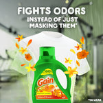 Gain Island Fresh detergent bottle overlaid on a white t-shirt with text ‘Fights odors instead of just masking them’