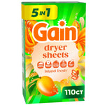 Gain Island Fresh dryer sheets box with bright green packaging, fruit and floral artwork and 110ct label